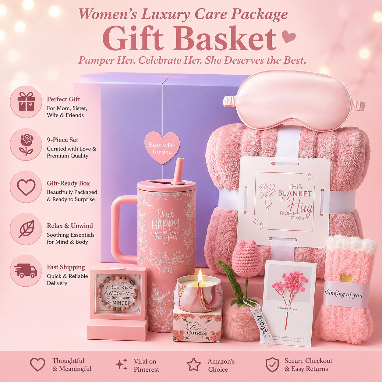 uxury women self care gift basket with pink blanket, satin sleep mask, floral tumbler, scented candle and cozy relaxation accessories in pastel pink packaging